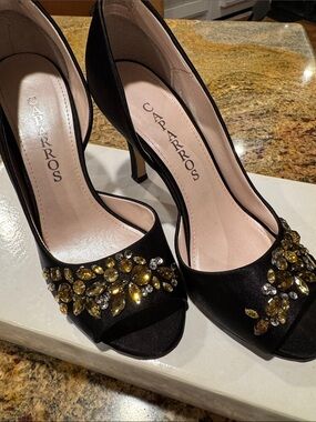Caparros Black Open-Toe Heels with Gold & Clear Jewel Accents